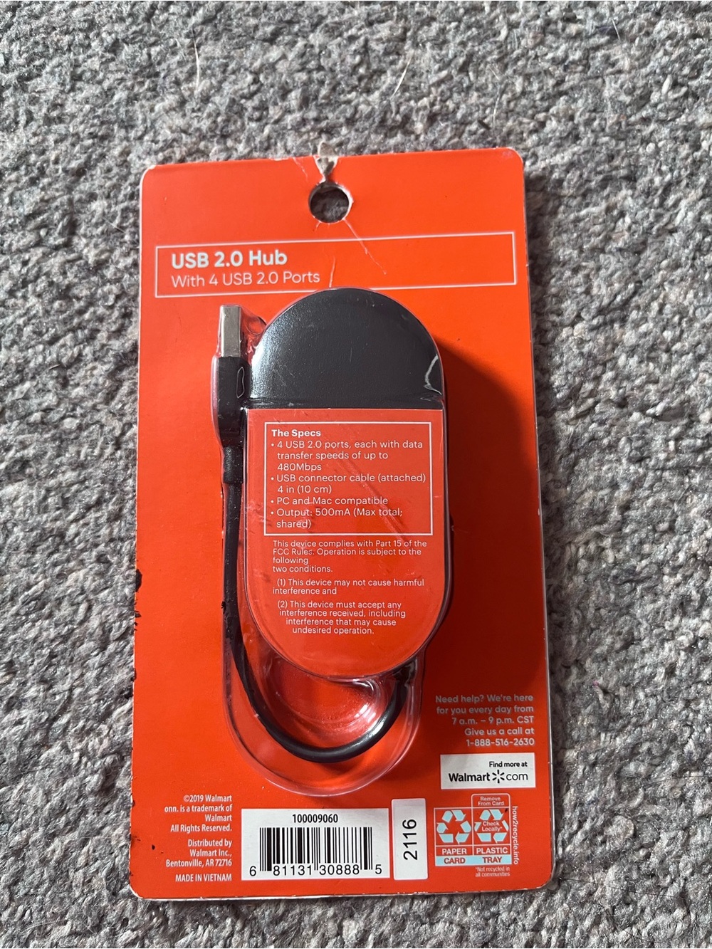 Walmart 4-Port USB 2.0 Hub — Red with Black Accents
